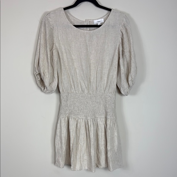 HERSY Natural Linen Tiered Smocked Puff Sleeve Mini Dress Size Medium - Picture 1 of 6